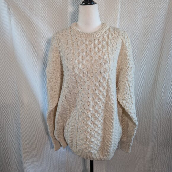 Carraig Donn Irish Wool Sweater Cream Cable Knit Pullover Fisherman Size Medium - Picture 1 of 11